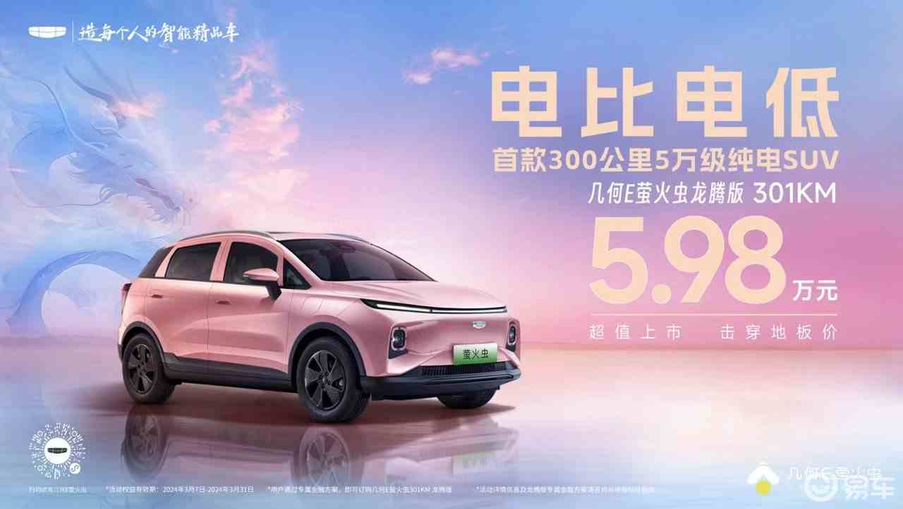 微车价格，小型SUV！几何E萤火虫龙腾版5.98万元上市